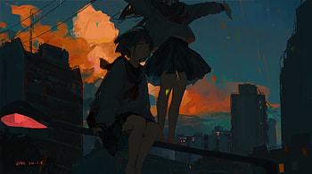 dom by XilmO@夕末, girl, school uniform, cloud, red, Anime, anime girl, red anime HD wallpaper
