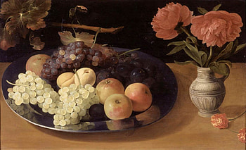 Feast For The Eyes, still life, apples, painting, pink peonies, grapes, vase, plums, platter HD wallpaper