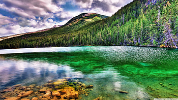 Green reflection in the morning, morning, rocks, mountain, reflection, clouds, trees, nature, sky, water HD wallpaper