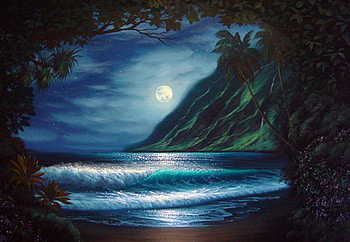 Tropic moonlight, night, tropic, colorful, beautiful, beach, moon, light, paint, splendor, water HD wallpaper