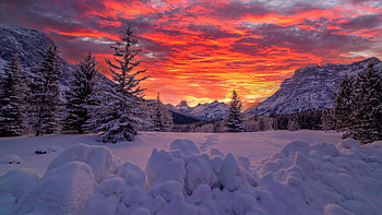 Alberta, Canadian Rockies, Kananaskis Range, snow, trees, colors, landscape, clouds, sky, mountains, sunset, canada HD wallpaper