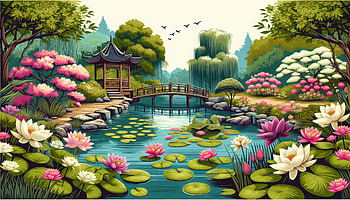 Serene Water Garden in Ultra, water garden, garden, pond, flower, bridge HD wallpaper