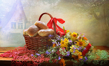 Still life, Cakes, Tape, Flowers, Basket HD wallpaper