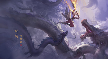 Dragon's attack, purple, blue, art, fantasy, jinhao yang, dragon, girl HD wallpaper