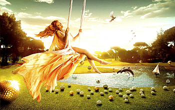 BEAUTIFUL SUMMER, summer, ship, bird, dolphins, swing, girl, lake HD wallpaper