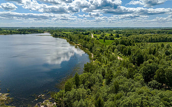 Lake in Latvia, Latvia, clouds, trees, lake, aerial HD wallpaper