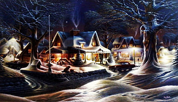 His Last Goodbye, dog, winter, car, people, xmas, artwork, snow, trees, cottage, countryside, christmas tree HD wallpaper
