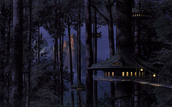 Fantasy, Night, Shine, Light, Wood, Forest, Tree, House HD wallpaper