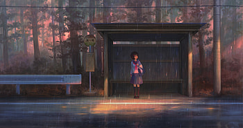 School girl, waiting for bus, rain, outdoor HD wallpaper