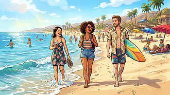 : Sunlit Beach Stroll — Summer Vacation, Friends, Surfboard HD wallpaper