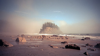rocky island off shore in the mist, mist, sea, island, trees, rocks, beach HD wallpaper