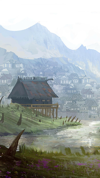 Japanese village, fantasy, landscape, fantasy landscape HD phone wallpaper