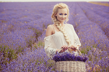 Basket of lavender, basket, field, lavender, women, sky, beauty HD wallpaper