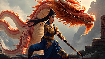 asian, girl, dragon, sword HD wallpaper
