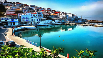Buildings Houses Blue Sky Background Reflection On Water Greece Travel HD wallpaper