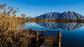 Saint Andre Lake, French Alps, reflections, landscape, pier, grass, sky, water, mountains HD wallpaper