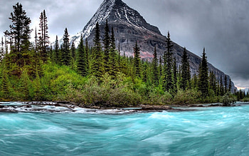 Mount Robson, Canada, blue, daylight, day, trees, canada, water, flowing, bushes, ground, lake, mountain, rock, green, clouds, nature, sky, forest HD wallpaper