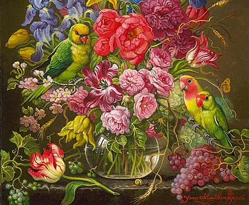 Floral with Lorikeet and Love Birds, lorikeet, bird, love bird, yana movchan, vase, green, red, flower, yellow, parrot HD wallpaper