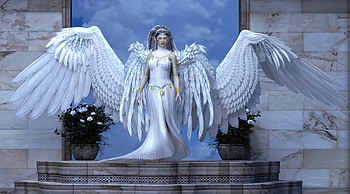 Angel, blue, wings, white, feather, fantasy, girl HD wallpaper