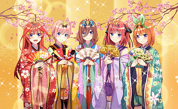 The Quintessential Quintuplets in Elegant Kimono, Itsuki Nakano, Yotsuba Nakano, Miku Nakano, Nino Nakano, Ichika Nakano, Anime, The Quintessential Quintuplets HD wallpaper