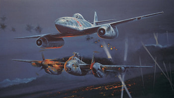De Havilland Mosquito Night Fighter attacked by Messerschmitt Me 262 HD wallpaper