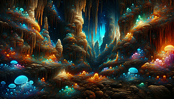 Enchanted Cavern: A Wonderland, cavern, cave, fantasy, glowing mushroom, colorful HD wallpaper