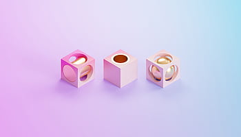 Abstract 3D render of pastel cubes containing metallic spheres on a soft gradient background. HD wallpaper