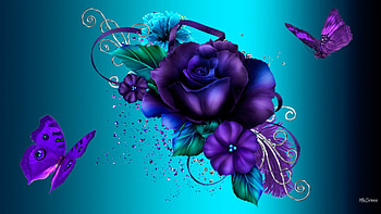 Brighten Up Your Day, sprinkles, roses, ribbons, aqua, cyan, spring, shiny, gold scrolls, summer, purple, butterflies, bright, flowers, gradient HD wallpaper