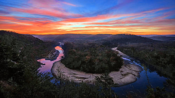 Sunrise from Red Bluff, Buffalo National River near Gilbert, Arkansas, trees, autumn, landscape, colors, clouds, sky, forest, fall, usa, horseshoe HD wallpaper