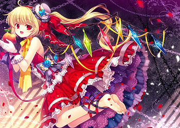 ~Flandre Scarlet~, barefoot, wings, colorful, blonde, red eyes, dress, anime, petals, touhou, fruit, hat, flandre scarlet, bow HD wallpaper
