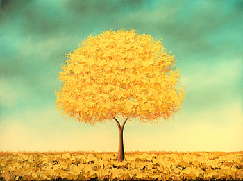 Yellow tree, blue, golden, rachel bingaman, art, tree, pictura, yellow, autumn, luminos, toamna HD wallpaper