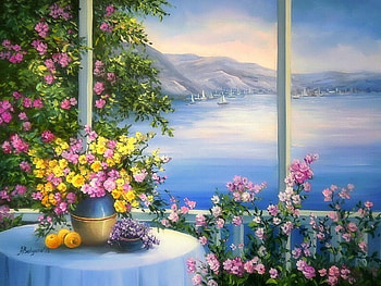 Sea of Flowers, sea, oceans, window, attractions in dreams, paintings, balcony, summer, love four seasons, flowers HD wallpaper
