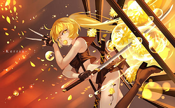 ❀Kerria❀, blond hair, emotional, blonde, long hair, beauty, nice, cg, flower, sinister, rapier, , blonde hair, knife, female, blossom, sweet, blond, sword, girl, beautiful, blade, anime girl, anime, pretty, serious, yellow, weapon, lovely HD wallpaper