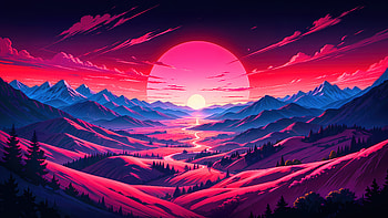 Mountain Retro Landscape, artist, artwork, art, digital-art, sky, stars, trees, mountains, nature, landscape, sunset HD wallpaper
