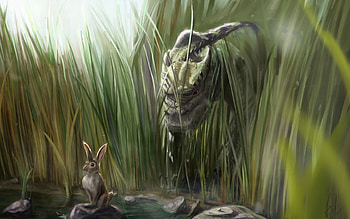 Grass, Stones, Art, Hare, Dinosaur HD wallpaper