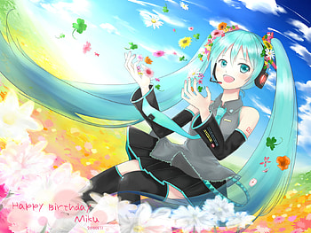 Hatsune Miku, blue, heads, cute, vocaloid, miku, vocaloids, petals, hatsune, thighhighs, blue eyes, twintail, mirco, meadow, blue hair, girl, headset, beautiful, tie, anime, pretty, flowers, idol HD wallpaper