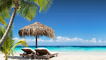 Beautiful Ocean View Hut Wood Chairs On Beach Sand Under Blue Sky Nature HD wallpaper
