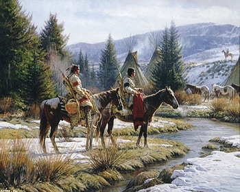 Winter at Indian Country, winter, horses, painting, rover, American Native HD wallpaper