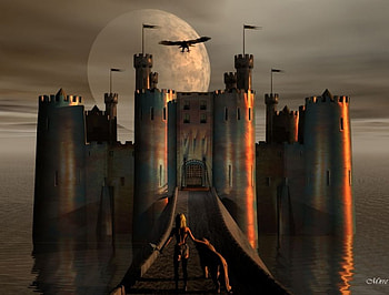 Medieval, birds, moon, castle, flags, eagles HD wallpaper