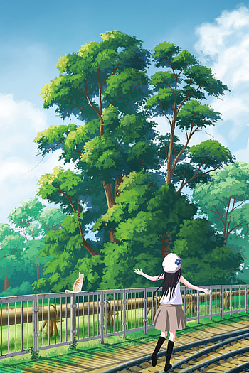 Trees, Art, Cat, Girl, Railway HD phone wallpaper