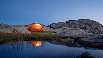 Landscape View Of Stone Rocks Tent Camping With Light In Blue Sky Background Reflection On Lake Nature HD wallpaper
