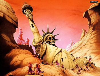 In the Dessert, sand, cliffs, dessert, skull, torch, future, statue, liberty HD wallpaper