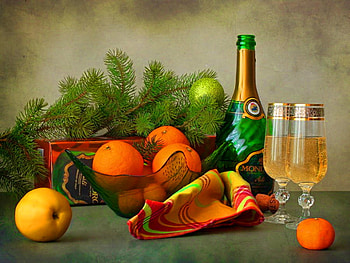 New year champagne, champagne, fruits, bottle, holiday, oranges, christmas, branches, new year, wine HD wallpaper