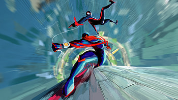 Miles Morales And Spider Man 2099 Takes Flight, miles-morales, spiderman-2099, spiderman, superheroes, artwork, digital-art, pixiv HD wallpaper