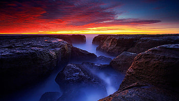 Mouth of a river after sunset, sea, cliffs, colors, sky, rocks HD wallpaper