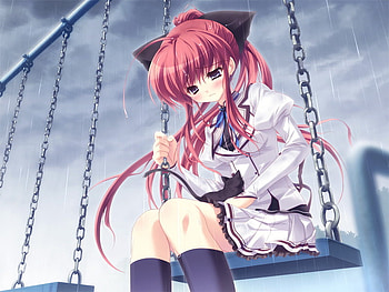 Inui Sana, cloudy, rain, tears, alone, ribbon, swing, girl, sad, chain, red, bow HD wallpaper