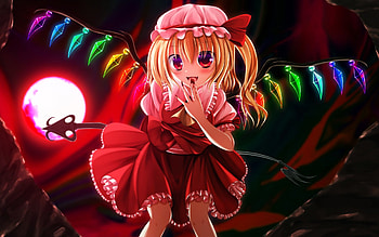 Flandre Scarlet, blond hair, blonde, gloom, cute, red eyes, creepy, darkness, flandre, wing, sinister, short hair, , blonde hair, blood, female, sexy, wings, spook, blond, hot, evil, girl, gloomy, spooky, scarlet, dark, fairy, anime girl, creep, anime, horror HD wallpaper