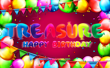 Happy Birtay Treasure, , colorful balloon frame, Treasure name, purple background, Treasure Happy Birtay, Treasure Birtay, popular american female names, Birtay concept, Treasure HD wallpaper