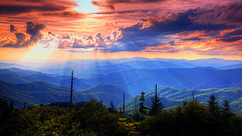 Great Smoky Mountains, from Waterrock Knob on the Blue Ridge Parkway, North Carolina, landscape, colors, usa, clouds, trees, sky, forest, sun HD wallpaper