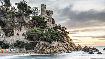 Den Plaja Castle (), house, Castle, ancient, mountainside, , building, clouds, trees, sky, Lloret de Mar, Catalonia, water, Den Plaja Castle, ocean HD wallpaper